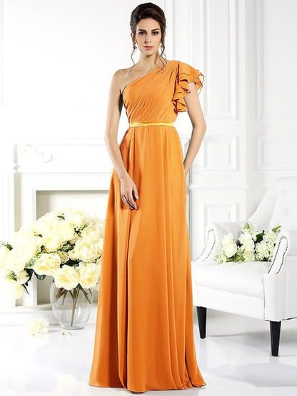 Charming One Shoulder Ruffles Sleeveless Long Chiffon Bridesmaid Dresses