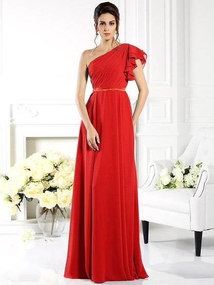 Charming One Shoulder Ruffles Sleeveless Long Chiffon Bridesmaid Dresses