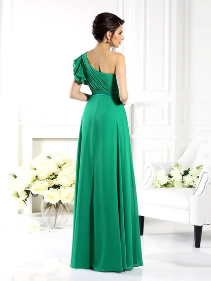 Charming One Shoulder Ruffles Sleeveless Long Chiffon Bridesmaid Dresses