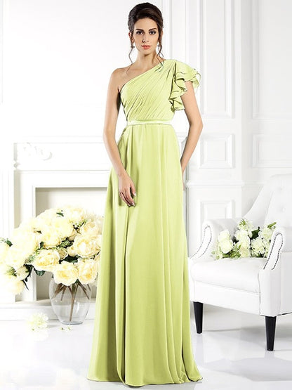 Charming One Shoulder Ruffles Sleeveless Long Chiffon Bridesmaid Dresses