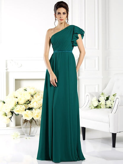 Charming One Shoulder Ruffles Sleeveless Long Chiffon Bridesmaid Dresses