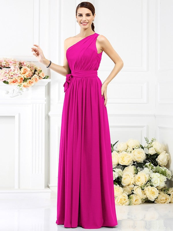 Charming One Shoulder Sash/Ribbon/Belt Sleeveless Long Chiffon Bridesmaid Dresses