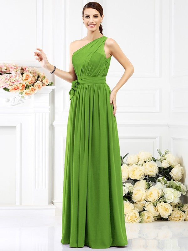 Charming One Shoulder Sash/Ribbon/Belt Sleeveless Long Chiffon Bridesmaid Dresses