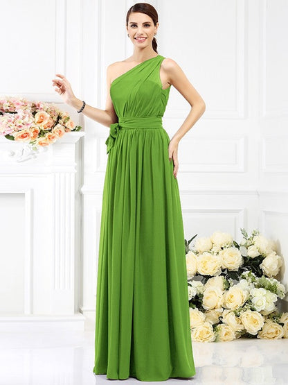 Charming One Shoulder Sash/Ribbon/Belt Sleeveless Long Chiffon Bridesmaid Dresses