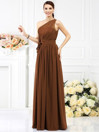 Charming One Shoulder Sash/Ribbon/Belt Sleeveless Long Chiffon Bridesmaid Dresses