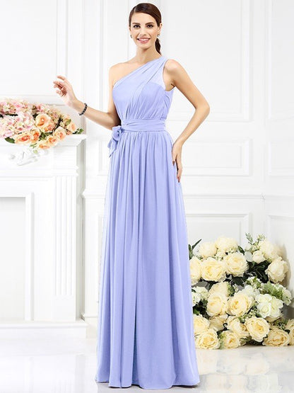 Charming One Shoulder Sash/Ribbon/Belt Sleeveless Long Chiffon Bridesmaid Dresses