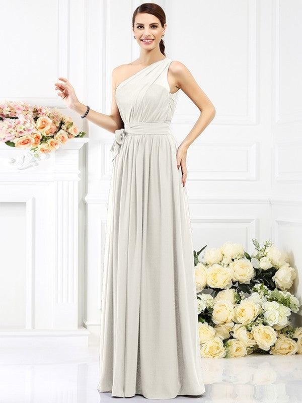 Charming One Shoulder Sash/Ribbon/Belt Sleeveless Long Chiffon Bridesmaid Dresses