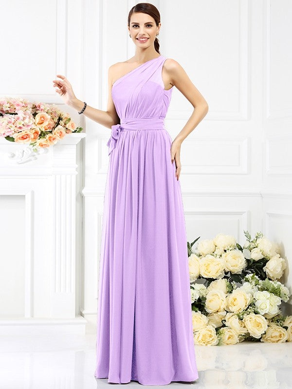 Charming One Shoulder Sash/Ribbon/Belt Sleeveless Long Chiffon Bridesmaid Dresses