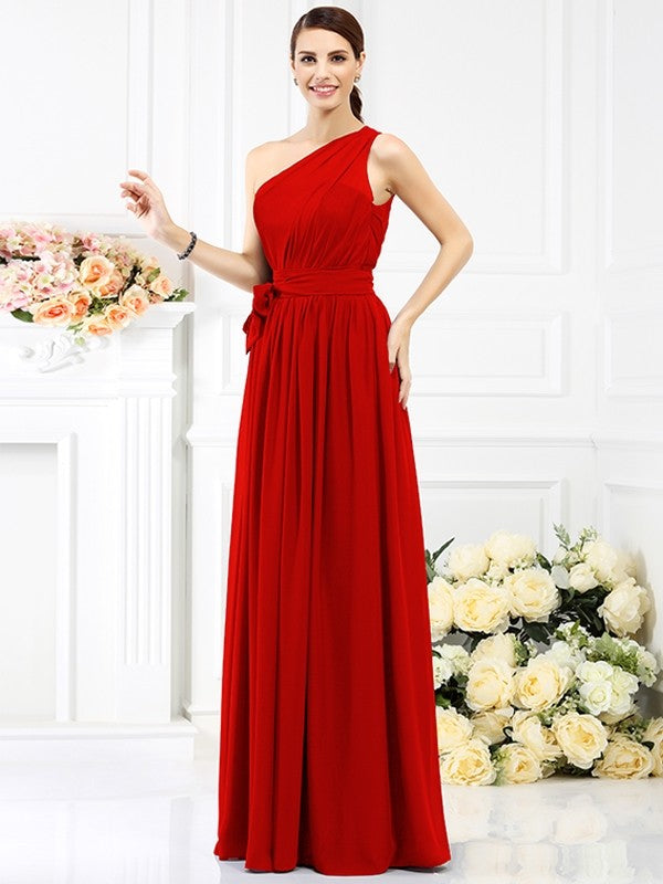 Charming One Shoulder Sash/Ribbon/Belt Sleeveless Long Chiffon Bridesmaid Dresses