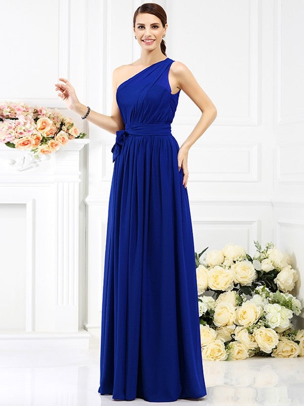 Charming One Shoulder Sash/Ribbon/Belt Sleeveless Long Chiffon Bridesmaid Dresses