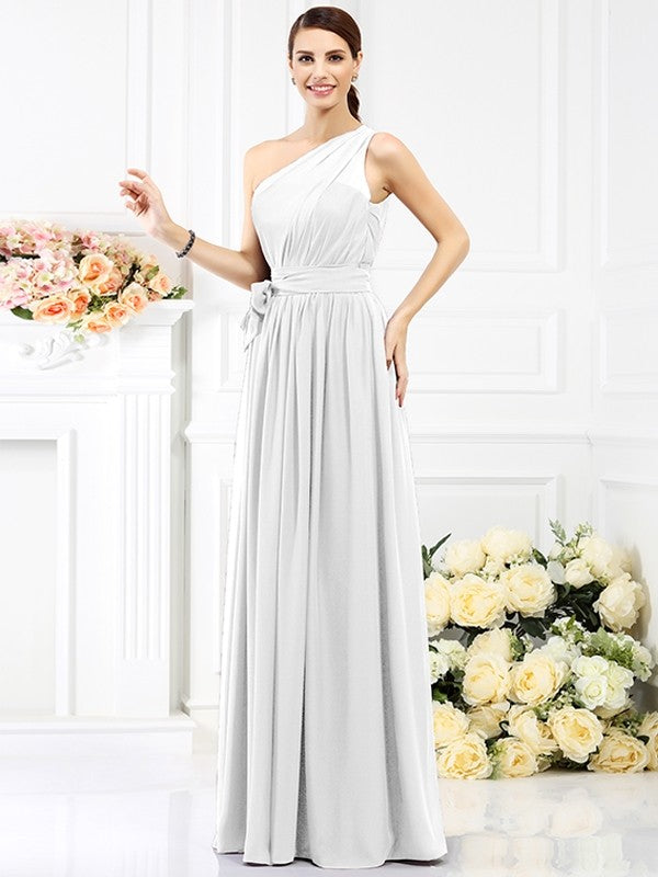 Charming One Shoulder Sash/Ribbon/Belt Sleeveless Long Chiffon Bridesmaid Dresses