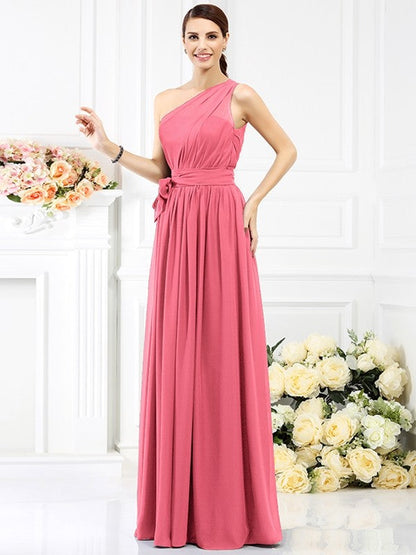 Charming One Shoulder Sash/Ribbon/Belt Sleeveless Long Chiffon Bridesmaid Dresses