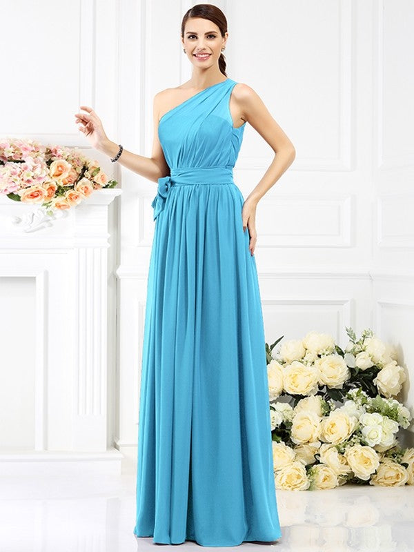 Charming One Shoulder Sash/Ribbon/Belt Sleeveless Long Chiffon Bridesmaid Dresses