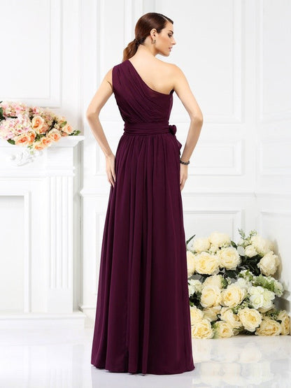 Charming One Shoulder Sash/Ribbon/Belt Sleeveless Long Chiffon Bridesmaid Dresses