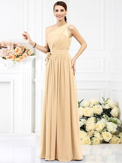 Charming One Shoulder Sash/Ribbon/Belt Sleeveless Long Chiffon Bridesmaid Dresses