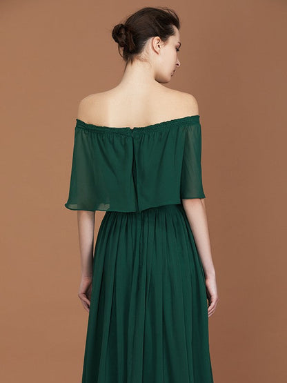 Charming Pleats Off-the-Shoulder Chiffon Bridesmaid Dress