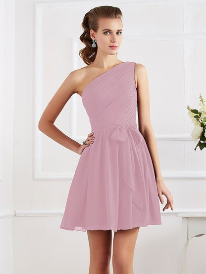 Charming Pleats One Shoulder Sleeveless Short Chiffon Bridesmaid Dresses