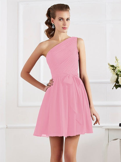 Charming Pleats One Shoulder Sleeveless Short Chiffon Bridesmaid Dresses