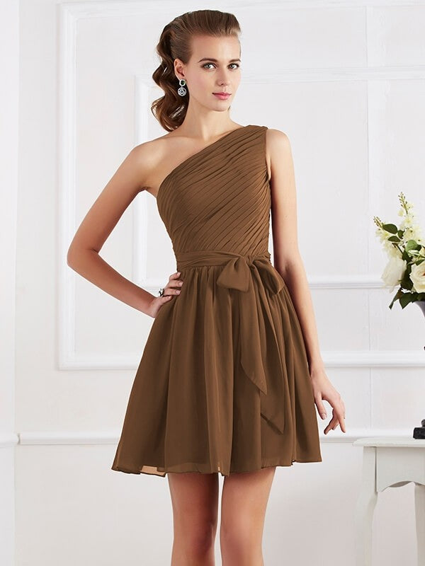 Charming Pleats One Shoulder Sleeveless Short Chiffon Bridesmaid Dresses