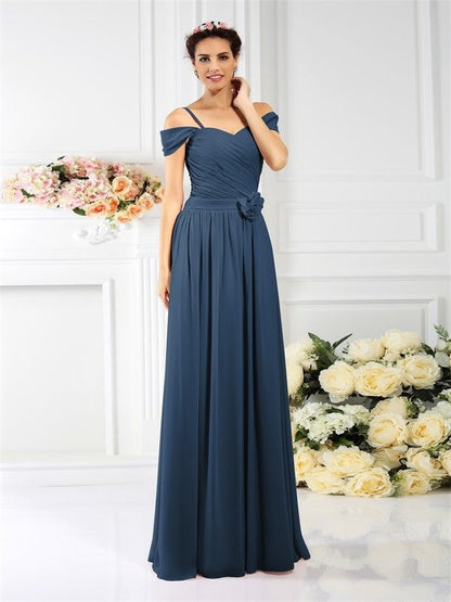 Charming Spaghetti Straps Pleats Sleeveless Long Chiffon Bridesmaid Dresses