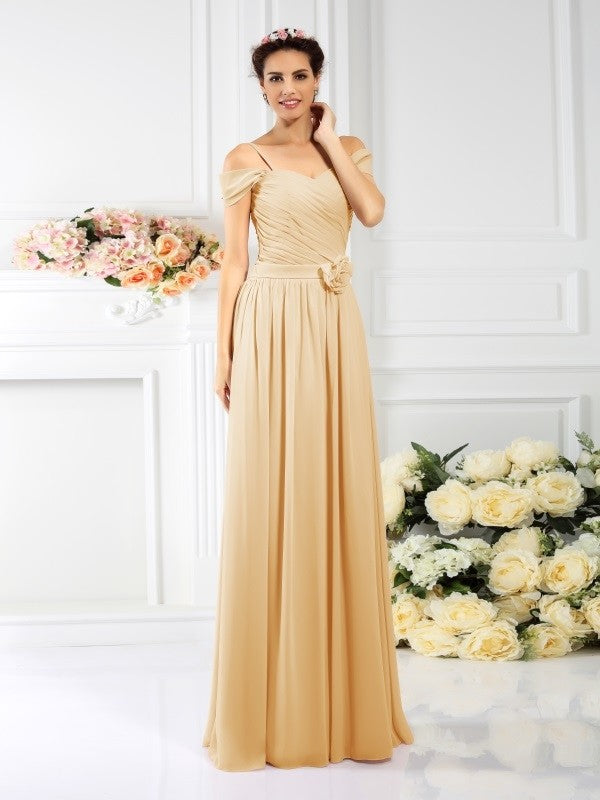 Charming Spaghetti Straps Pleats Sleeveless Long Chiffon Bridesmaid Dresses