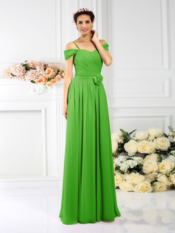 Charming Spaghetti Straps Pleats Sleeveless Long Chiffon Bridesmaid Dresses