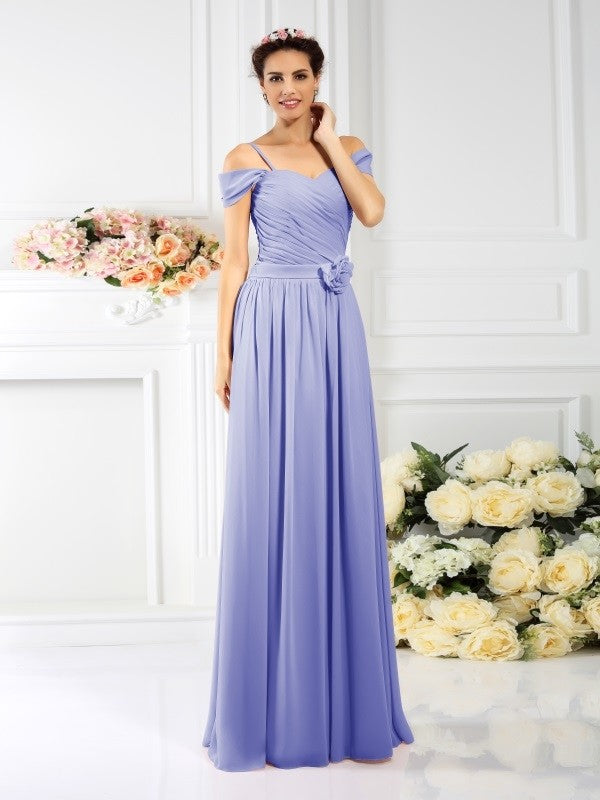 Charming Spaghetti Straps Pleats Sleeveless Long Chiffon Bridesmaid Dresses