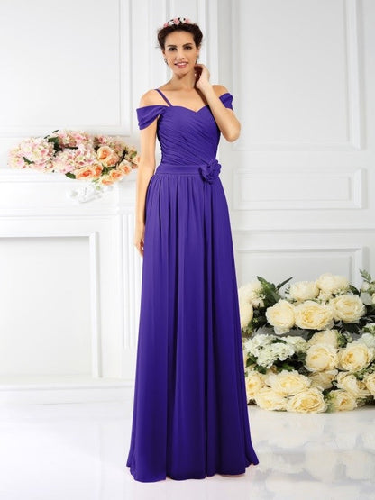 Charming Spaghetti Straps Pleats Sleeveless Long Chiffon Bridesmaid Dresses