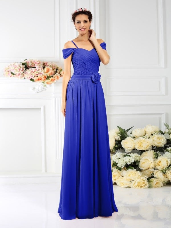 Charming Spaghetti Straps Pleats Sleeveless Long Chiffon Bridesmaid Dresses