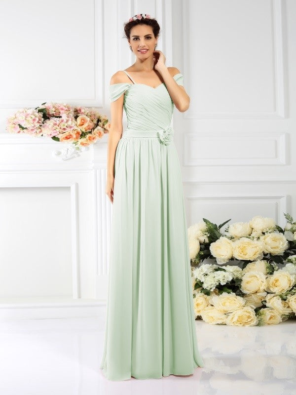 Charming Spaghetti Straps Pleats Sleeveless Long Chiffon Bridesmaid Dresses