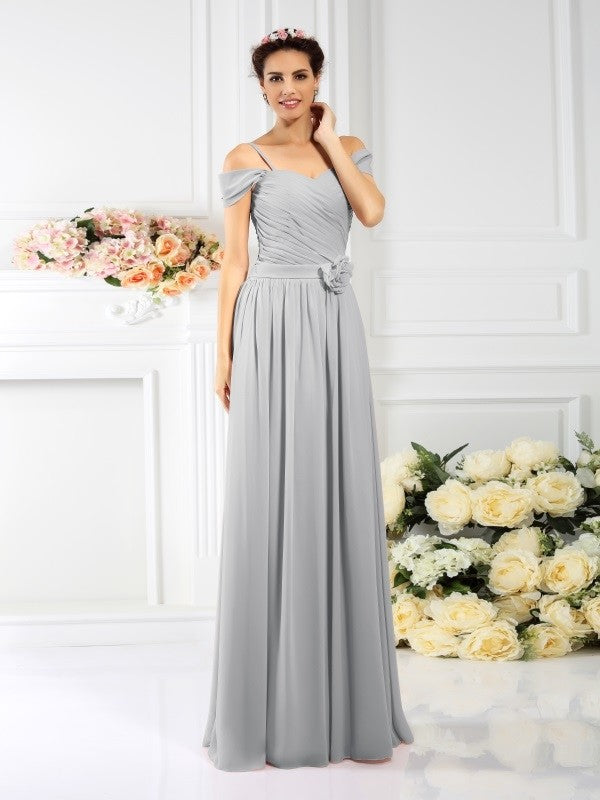 Charming Spaghetti Straps Pleats Sleeveless Long Chiffon Bridesmaid Dresses