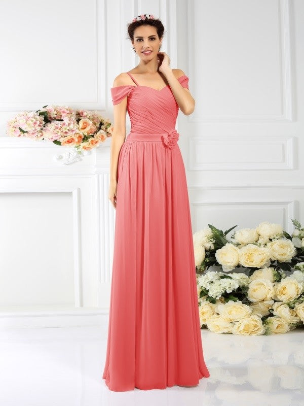 Charming Spaghetti Straps Pleats Sleeveless Long Chiffon Bridesmaid Dresses