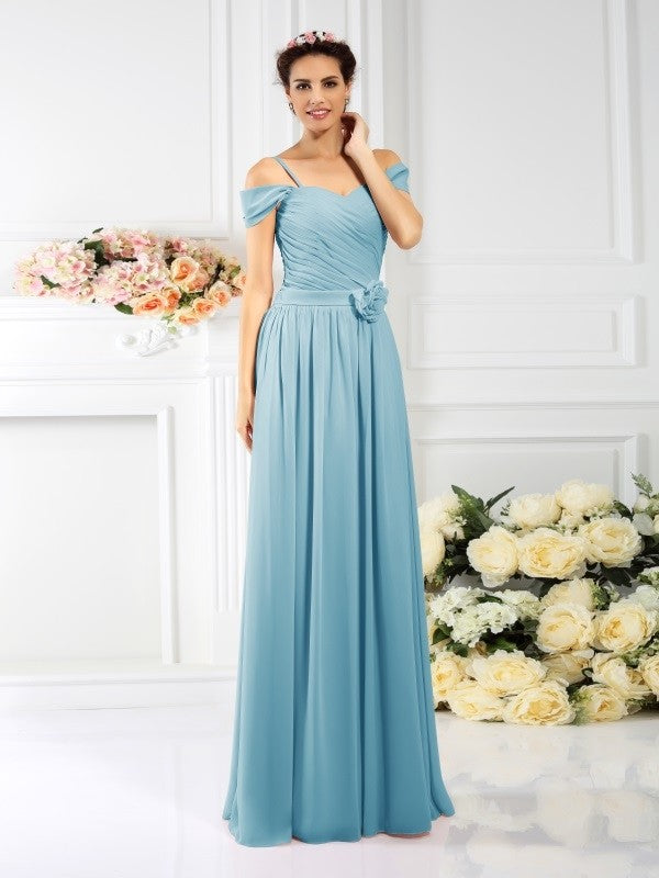 Charming Spaghetti Straps Pleats Sleeveless Long Chiffon Bridesmaid Dresses