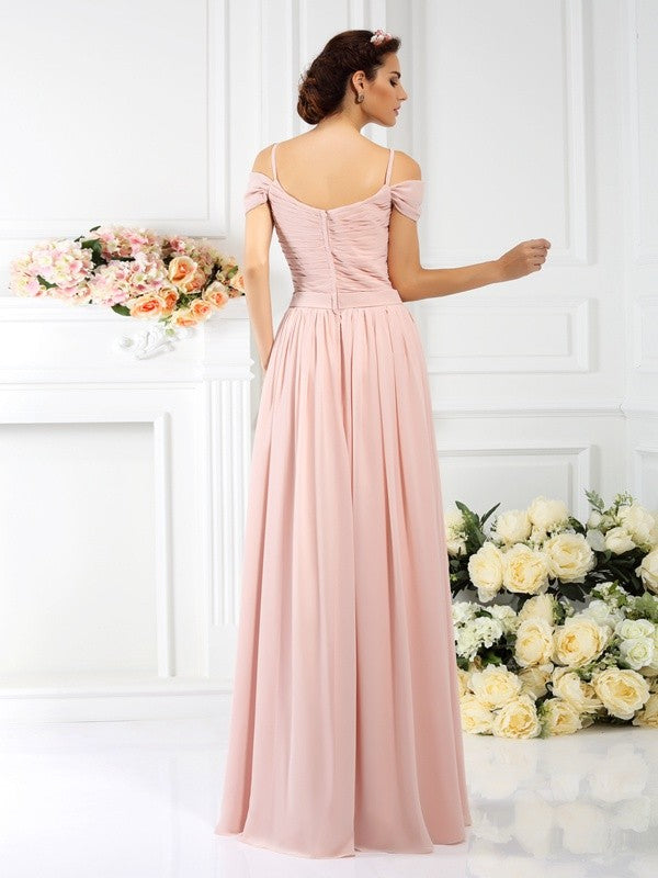 Charming Spaghetti Straps Pleats Sleeveless Long Chiffon Bridesmaid Dresses