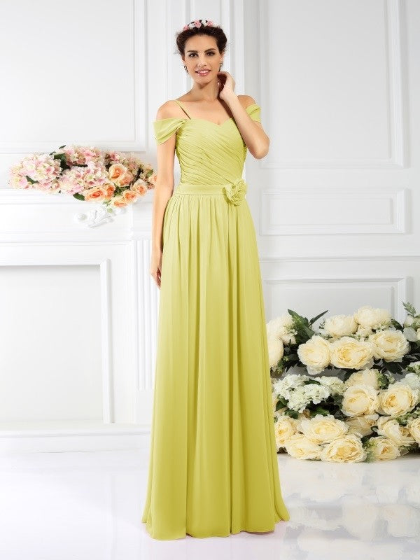 Charming Spaghetti Straps Pleats Sleeveless Long Chiffon Bridesmaid Dresses