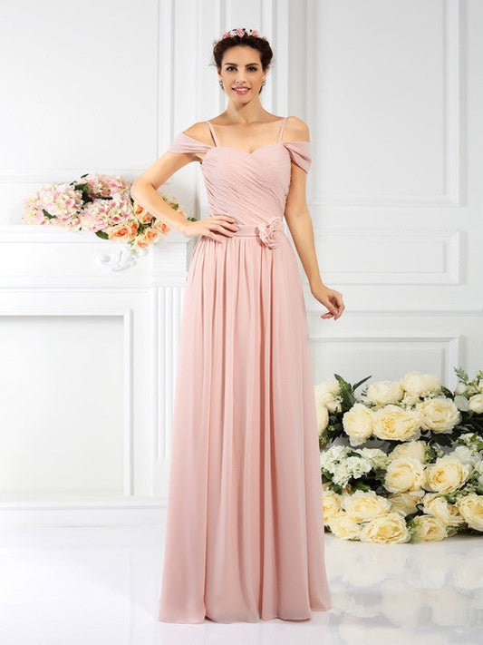 Charming Spaghetti Straps Pleats Sleeveless Long Chiffon Bridesmaid Dresses