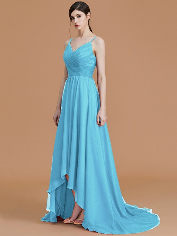 Charming Spaghetti Straps Sleeveless Asymmetrical Ruffles Chiffon Bridesmaid Dresses