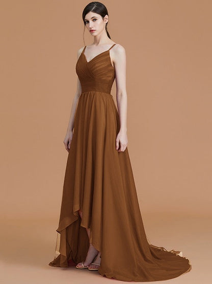 Charming Spaghetti Straps Sleeveless Asymmetrical Ruffles Chiffon Bridesmaid Dresses