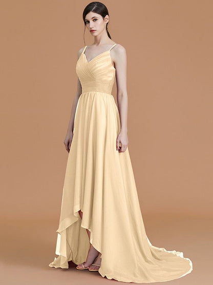 Charming Spaghetti Straps Sleeveless Asymmetrical Ruffles Chiffon Bridesmaid Dresses