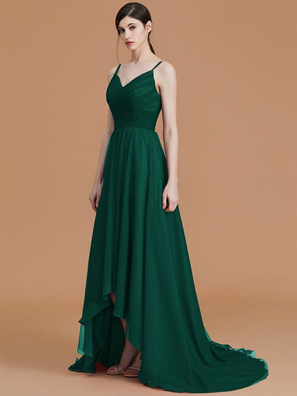 Charming Spaghetti Straps Sleeveless Asymmetrical Ruffles Chiffon Bridesmaid Dresses