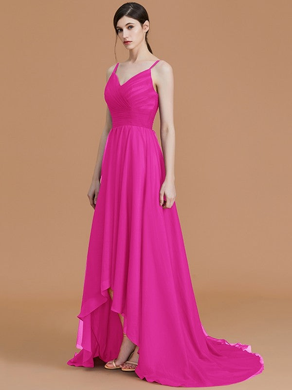 Charming Spaghetti Straps Sleeveless Asymmetrical Ruffles Chiffon Bridesmaid Dresses