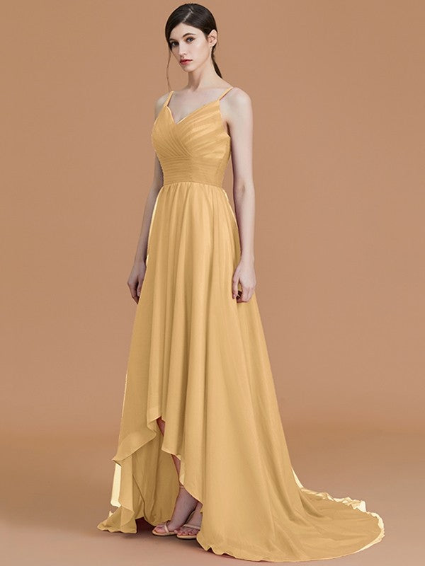 Charming Spaghetti Straps Sleeveless Asymmetrical Ruffles Chiffon Bridesmaid Dresses