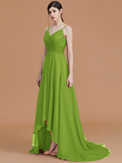 Charming Spaghetti Straps Sleeveless Asymmetrical Ruffles Chiffon Bridesmaid Dresses