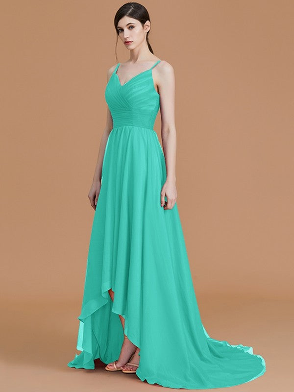 Charming Spaghetti Straps Sleeveless Asymmetrical Ruffles Chiffon Bridesmaid Dresses