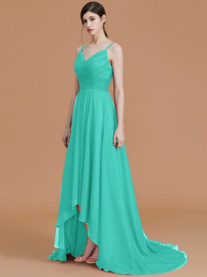 Charming Spaghetti Straps Sleeveless Asymmetrical Ruffles Chiffon Bridesmaid Dresses