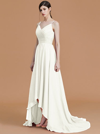 Charming Spaghetti Straps Sleeveless Asymmetrical Ruffles Chiffon Bridesmaid Dresses