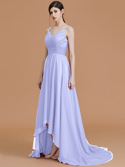 Charming Spaghetti Straps Sleeveless Asymmetrical Ruffles Chiffon Bridesmaid Dresses