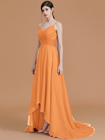 Charming Spaghetti Straps Sleeveless Asymmetrical Ruffles Chiffon Bridesmaid Dresses