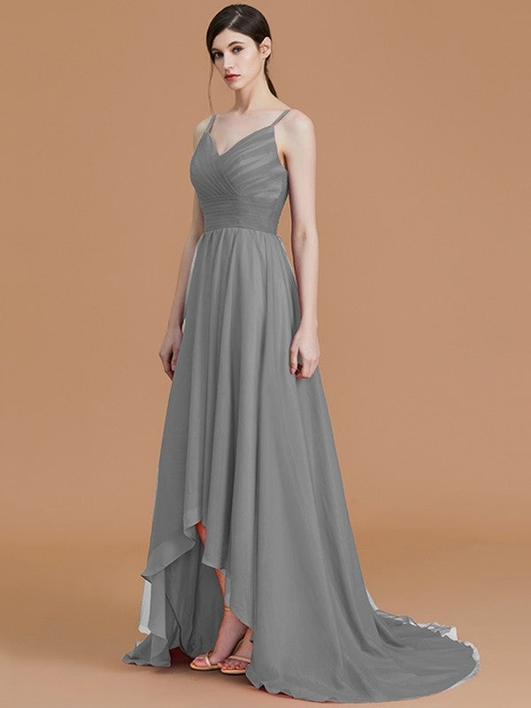 Charming Spaghetti Straps Sleeveless Asymmetrical Ruffles Chiffon Bridesmaid Dresses