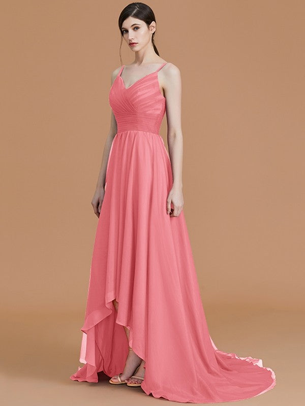 Charming Spaghetti Straps Sleeveless Asymmetrical Ruffles Chiffon Bridesmaid Dresses